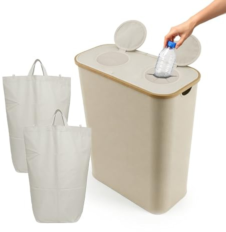 Relaxdays Collecteur de Bouteilles, 170 L, jusqu'à 60 Bouteilles, 2 Sacs intérieurs, Verre et Plastique, Beige