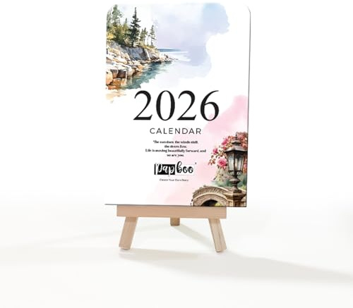 Papboo 2026 Skrivbordskalender i A6 med trästafflistativ, perfekt för hem, kontor och nyårsgåvor (landskap)