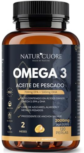 Omega 3 2000mg | 120 perlas | Procedente de Anchoa Salvaje | Sin Mercurio | Alta concentración EPA700 mg+DHA 500mg | Vitamina E - Naturcuore - Cápsulas de Fish Oil Naturcuore