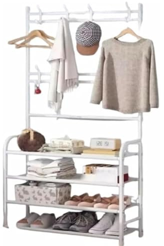 Appendiabiti con Scarpiera 60x26x152 cm, Guardaroba Salvaspazio in Metallo ,gancio plastica ,ripiani in telaio con 4 Ripiani , Stand Porta Giacche e Scarpe per Ingresso, Corridoio, Camera da letto