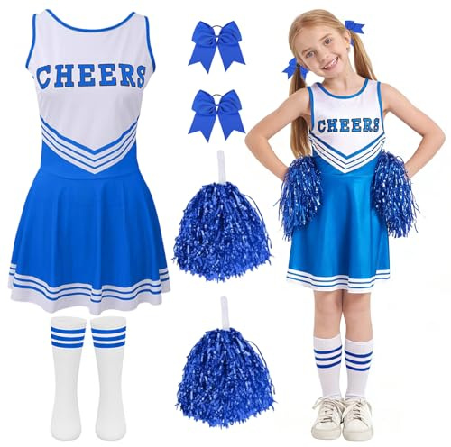 DAVBNM 7PCS Cheerleader Costume, Cheerleader Fancy Dress, Fancy Dress Costume Cheer Uniform Outfit with Pom Poms, Hair Collar and Socks, for Halloween Party