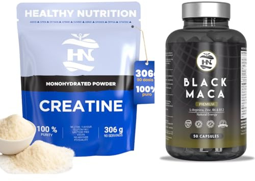 Pack Maca Negra Andina Peruana con L arginina - 50 Capsulas y Creatina Monohidrato en Polvo si sabor 306g (90 Dosis)