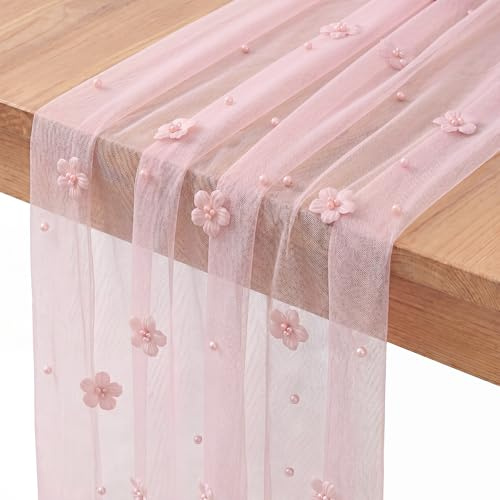 Runner Rosa 80 × 200 cm Runner Tavola Chiffon con Fiore Perline Centrino per Tavolo Tulle per Matrimonio, Addio al Nubilato, Compleanni, Feste