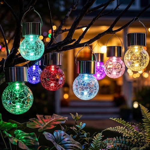 Solar Hanging Lights 8 Pack, Crackle Glass Globe IP65 Waterproof Garden | Solar Hanging Lights Outdoor Garden, Crackle Glass Ball Color Changing, IP65 Waterproof Patio Tree Party Christmas Decoration