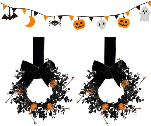 Halloween Krans Till Gotisk Svart Och Orange Girlang Ornament | Konstgjord Pumpakrans Dekoration för fönster, väggar, kontor, , inomhus, trädgård, utomhus samt fester