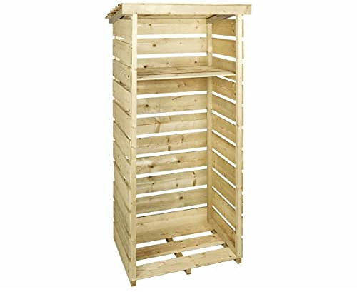 CHARLES BENTLEY FSC® Mixed Wooden Log Store, Garden, Single Tall Log Store, Heavy Duty, Firewood Storage, Treated Wood, Slatted Design, Slanted Roof, Raised Floor, Spruce (182.3x76x53.2cm)
