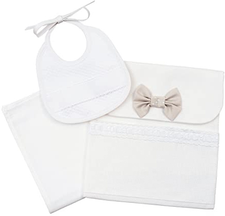 Filet - Set porte Layette, Composé d'un Sac avec un Insert en Aida, d'un Gant de Toilette et d'un Bavoir à Broder, Idée Cadeau pour les Futurs Parents, 100% Coton, Made in Italy, Blanc et Colombe