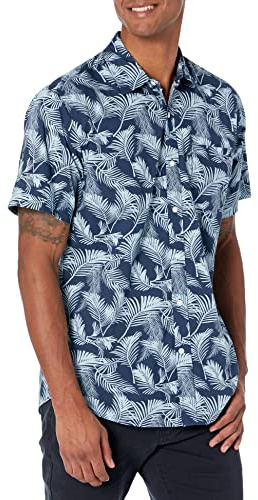 Amazon Essentials Camisa de Corte Ceñido con Mangas Cortas, Botones y Estampado Hombre