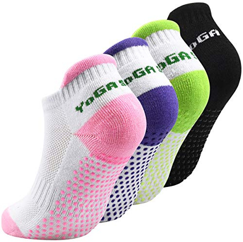 Disino 4 Paires Chaussettes de Yoga Antidérapantes pour Femmes, Chaussette de Pilates Coton pour la Course, la Danse, Le Ballet, Les Sports Taille 35-39
