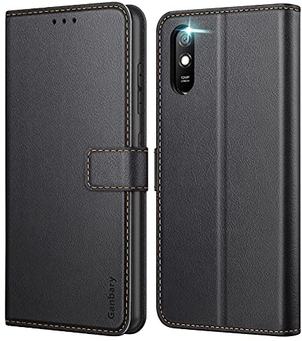 Ganbary Coque pour Xiaomi Redmi 9A/9AT, [Housse en Cuir PU Premium] [Etui à Rabat] [Pochette de Portefeuille], Étui de Protection pour Xiaomi Redmi 9A/9AT - Noir