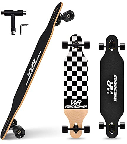 Windrunner 41 inch Freeride Longboard Skateboard,8-Ply Natural Maple Drop Through Freestyle Complete Skateboard Cruiser Pintail for Cruising,Carving,Free-Style and Downhill,Black and White Case