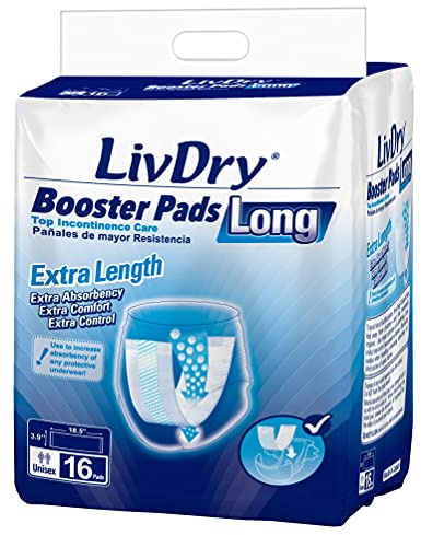 LivDry Incontinence Booster Pads, Use with Adult Diapers for Women and Men, Extra Comfort Softness, Disposable Pad (16 Count, Long Length)