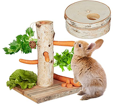 Relaxdays Kaninchen Spielzeug, 2tlg. Set, Futterbaum & Intelligenzspielzeug, Holz, Zubehör Meerschweinchen, Hasen, Natur