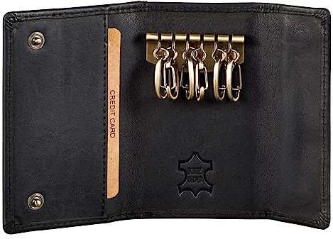 Benthill Schlüsselmappe Echt Leder | Damen & Herren Schlüsseletui mit Platz für 6 Schlüssel | Schlüsseltasche mit 2 Kreditkartenfächer, Farbe:Schwarz