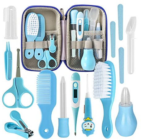 JasCherry Babypflege Set Neugeborene, 12 teilige Baby Gesundheitsset, Baby Erstausstattung Pflegeset für Reisen & Heimgebrauch, mit Baby Kamm, Nasensauger, Nagelschere, Nagelknipser, Nagelfeil