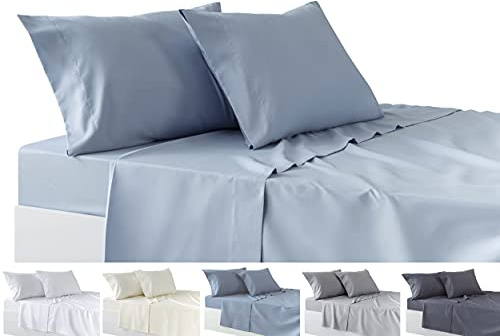 Todocama – Juego de Sábanas de 4 Piezas – Sábana Bajera Ajustable – Encimera - Dos Fundas de Almohada de 50x80cm. (Cama 150-150x190/200 cm, Azul Claro)
