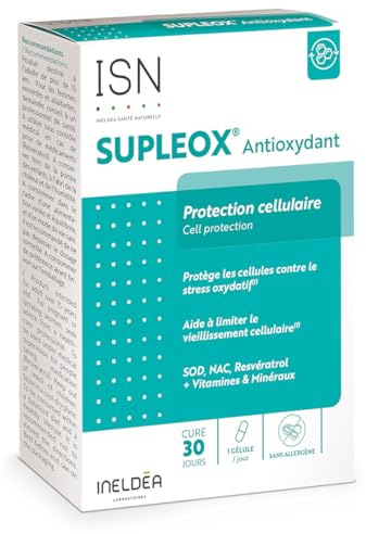 ISN - Supleox® Antioxydant - A base de Resvératrol, NAC, SOD, vitamines C & E - Aide à protéger les cellules contre le stress oxydatif - Cure 30 jours