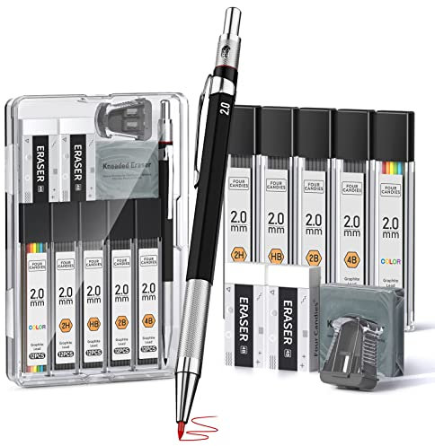 Four Candies Druckbleistift 2mm set mit Etui, Automatische Metallminenhalter mit 60 Stücke Bleimine (HB,2H,2B,4B,Farbe), Radiergummi Geknetet, Spitzer Bürozubehör für Schule,Zeichnen, Skizzieren