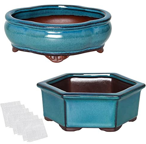 Set di 2 vasi piccoli per bonsai, 14,5 cm e 15,2 cm, con 6 reti di drenaggio morbide