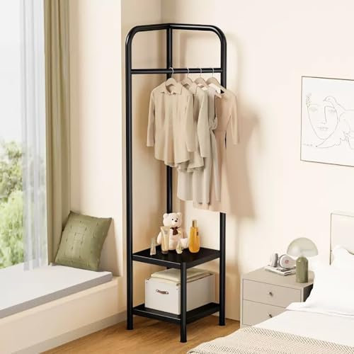 MEYEBP 2 In 1 Eck-Garderobe Kleiderstange Kleiderstangen Für Schlafzimmer, Metall-Kleiderstange Kleiderständer Mit Abgestuftem Regal, Freistehende Garderobe Für Eingangsbereich