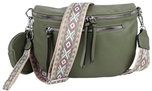 MIRROSI® Bauchtasche Damen, Veganleder 30x20x9cm, Umhängetasche, Brusttasche, Crossbody bag, Kunstleder leder, verstellbare Schulterriemen Bohemian Style (Khakigrün)