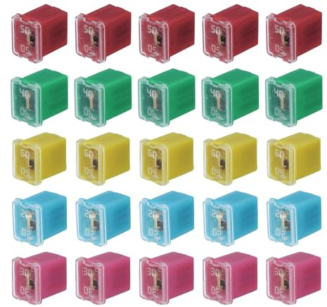 sourcing map Automotive Cartridge Fuse 48V 20/30/40/50/60A Female Box 25pcs | Terminal Low Profile for Car Truck Blue/Pink/Green/Red/Yellow