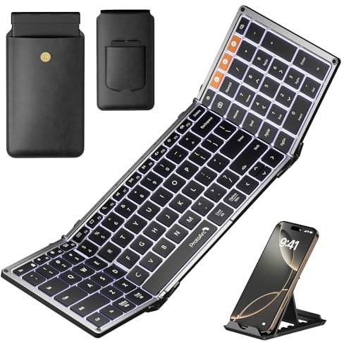 ProtoArc Backlit Foldable Keyboard, XK01 Plus Folding Portable Bluetooth Keyboard for Travel, True Full Size External Wireless Keyboards with Backlight for iPad Tablet Smartphone Laptop PC