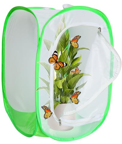 Khsp5d Large Monarch Butterfly Caterpillar Habitat Insect cage pop-up Transparent View with 6 mesh Panels, Foldable and Reusable with a Poop pad for Easy Cleaning (35.4 x 23.6 x 23.6 inches)