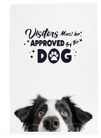 Purely Home Peeping Dog Tea Towel - Visitors Must Be Approved By The Dog - Border Collie Gift Panama Cotton Kitchen Dish Towel/Drying Cloth - 67cm x 45cm