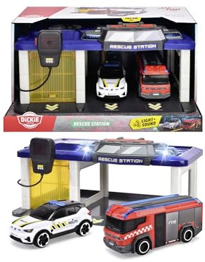 Dickie Toys 203716026007 - Norwegische Rettungsstation mit Polizeiauto und Feuerwehrauto - Rettungsstation mit Licht, Sound, Einschließlich Norwegischer Polizeiauto und Feuerwehrfahrzeug, 31 x 22 x 16