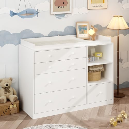 PREMTURE Baby Changing Table, Baby Changing Unit with 5 Drawers and 2 Storage Shelves, Diaper Changing Station, Multi-Functional Chest of Drawers for Bedroom Baby Room Nursery, White