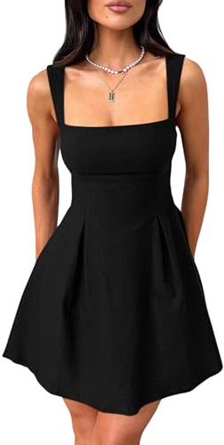 YMDUCH Women's Sexy Sleeveless Square Neck Adjustable Straps Bow Tie A-line Mini Party Club Dress Black Large