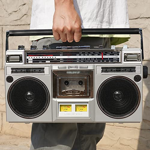 Boombox de casete con radio AM/FM, altavoces estéreo integrados, compatibilidad Bluetooth para un fácil emparejamiento de dispositivos, reproductor de música portátil para el hogar y al aire libre