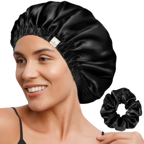 YANIBEST Doppelschichtige Satinhaube Seidenhaube zum Schlafen Verstellbare Haube für Frauen mit lockigem natürlichem Haar