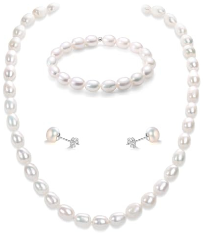 YAMI Juego de collar y pendientes de perlas blancas y moradas, 6-7 mm, plata de ley 925, perlas cultivadas naturales, collar de perlas para mujer, joyas para cualquier ocasión., 6-7MM, Perla