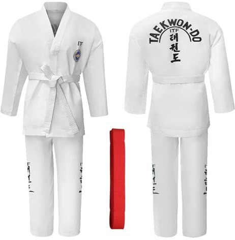 CHUIKUAJ Uniforme da Taekwondo ITF per Arti Marziali, Kimono da Karate con Cintura Gratuita, Uniforme da Combattimento per Studenti, Uomini, Donne e Bambini,White-140