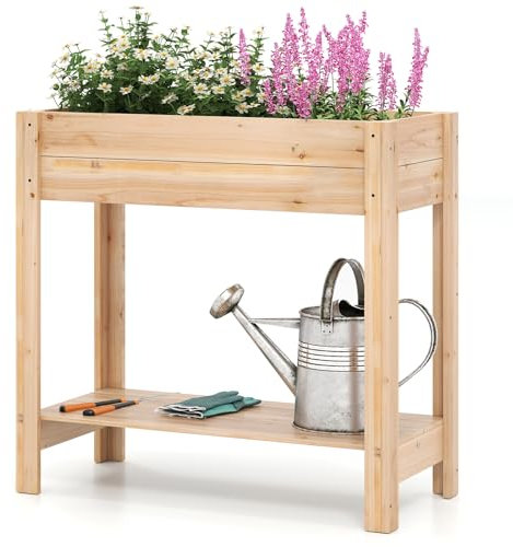 HOMASIS Jardinière surélevée avec étagère, bac à plantes en bois de sapin avec trou de drainage, parterre de fleurs surélevé pour jardin, balcon, terrasse (naturel, 81 x 38 x 77 cm)