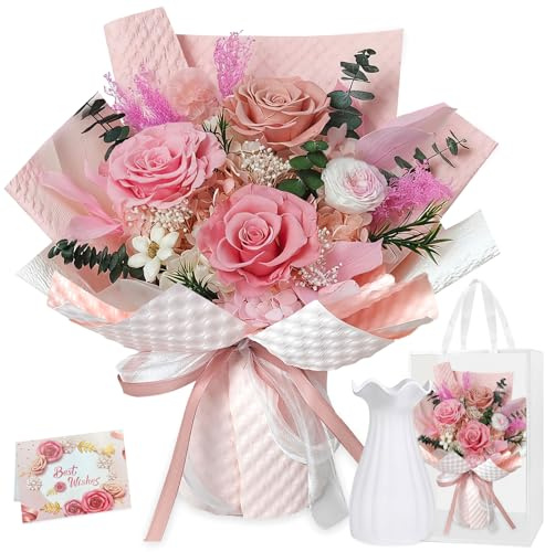 Evig röd ros gåva för kvinnor: bevarad Infinity Rose i bukett eller presentförpackning | Perfekt för födelsedag/årsdag/alla hjärtans dag och mors dag (rosa)