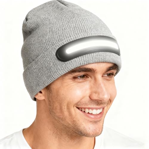 Kuyotine Beanie Hat with Light, Winter Hat with Light Built in, Unisex LED Headlamp Beanie Cap, USB Rechargeable Warm Knitted Cap for Walking, Running, Camping, Hiking(Grey)