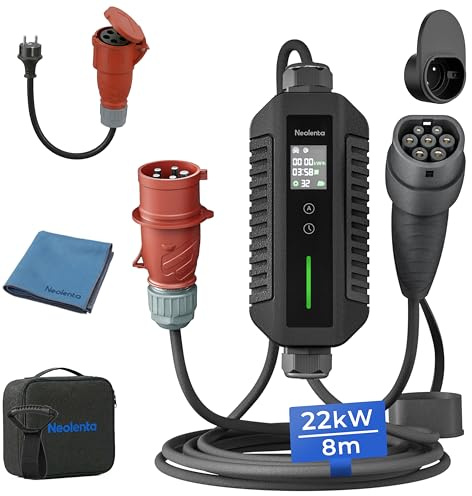 Neolenta Wallbox móvil 22 kW Cable Tipo 2 8 m para Coche, Cargador portátil con CEE 32A trifásico, Corriente Ajustable 6A–32A, RCD Integrado, para casa y Viajes