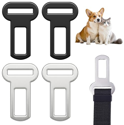 PYRUVAE 4 Pezzi Prolunga Cintura Sicurezza Auto, Gancio Cintura Sicurezza Auto in Metallo per Cani, Clip Universale per Guinzaglio Cane, Accessori Interni Auto Robusti e Durevoli (Neri + Argento)