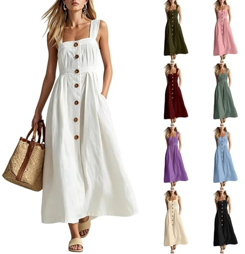 Générique Robe Lin Femme Bretelles sans Manches - Chic Et Élégante Col V avec Poches - Robes Longue Été Décontractée Casual Couleur Uni Robes pour Vacances Plage Grande Taille