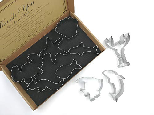 JOKUMO Sea Creatures Cookie Cutters Set – 9PC High Grade 430 Stainless Steel –Fish, Dolphin, Crab, Starfish, Shark, Sea Horse, Lobster, Angel Fish, Shell