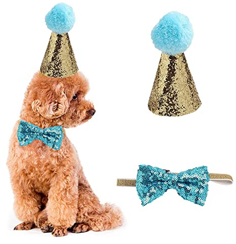 Symphony Cappello e papillon per animali domestici, set da 2 pezzi, per cani e gatti, con fiocco, per feste di cuccioli e gattini (azzurro)