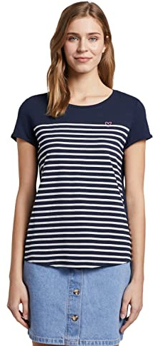 TOM TAILOR Denim 1017275 T-shirt Rayé avec Imprimé cœur Femme ,22701 - Navy Off White Stripe ,S