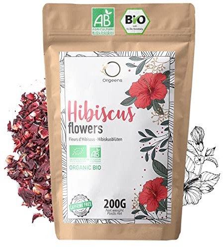 ORIGEENS HIBISCUS TEA Organic 200g Premium Grade | Hibiscus Flower for Infusions, Iced Tea, Karkade | Dried Hibiscus Flowers, Draining Detox Tea