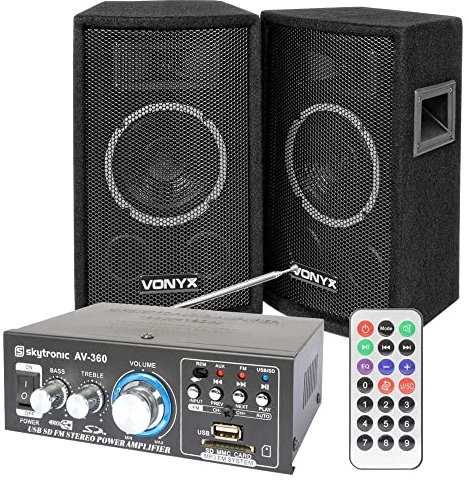 Pack de Sonido con 2 Altavoces Vonyx SL6 con woofers de 6 y 250W de Potencia máxima, Amplificador Skytec AV-360 con Reproductor MP3 Integrado con conexión USB y SD y Cables para su instalación