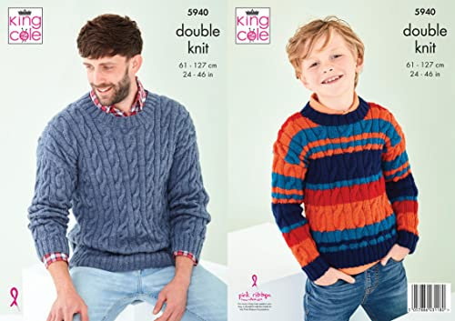 King Cole Mens & Boys DK Knitting Pattern Cable Knit Striped or Plain Sweater (5940), Multi, 24'' - 46''