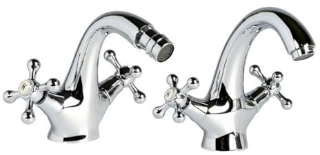 Kiamami Valentina - Rubinetto Lavabo e Bidet | Stile Retrò | Manopola a Croce | Finitura Cromata | Con Piletta in ABS e Flessibile | Set di 2