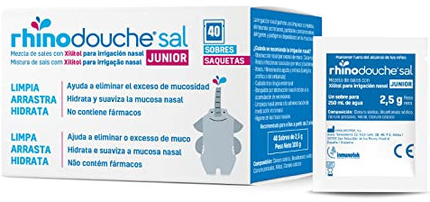 RHINODOUCHE Sal Junior. 40 sobres de 2,5g que contienen una mezcla de sales con xilitol para llevar a cabo irrigación nasal con el dispositivo RHINODOUCHE Junior.(Dispositivo no incluido)